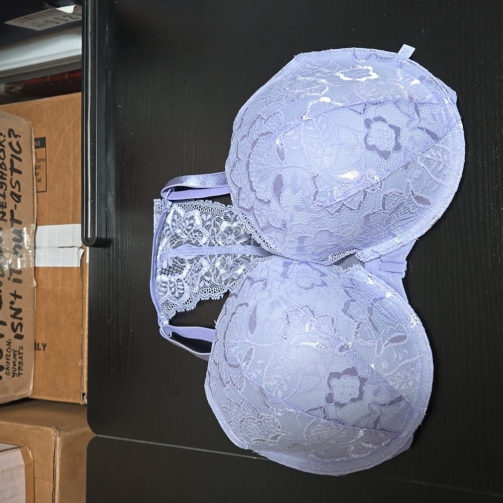 Shiny lace lavender bra - front close